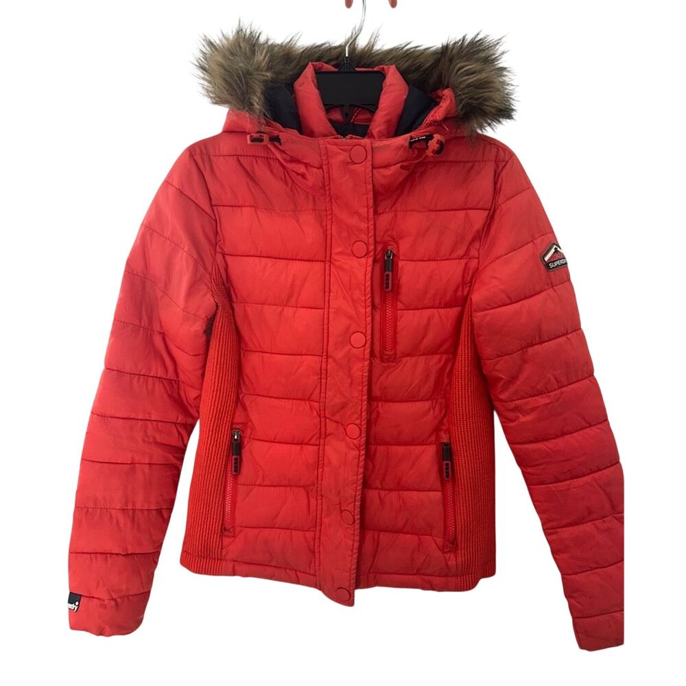 Superdry Women’s Fuji Orange Quilted Puffer Jacket with Faux Fur Trim Size M
